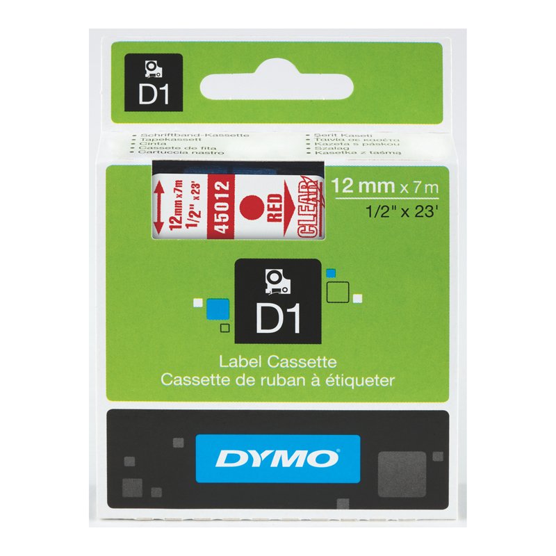 Taśma Dymo D1 - 12 mm x 7 m, Czerwony / Przezroczysty