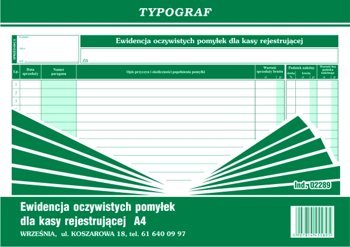 Ewidencja Pomyłek Dla Kasy Rejestrującej A4 Offset 02289 /Typograf