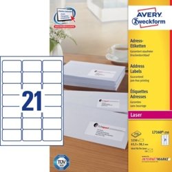 Samoprzylepne etykiety adresowe recyklingowane Avery 63.5x38.1 21/A4 A'250 białe No.L7160-250