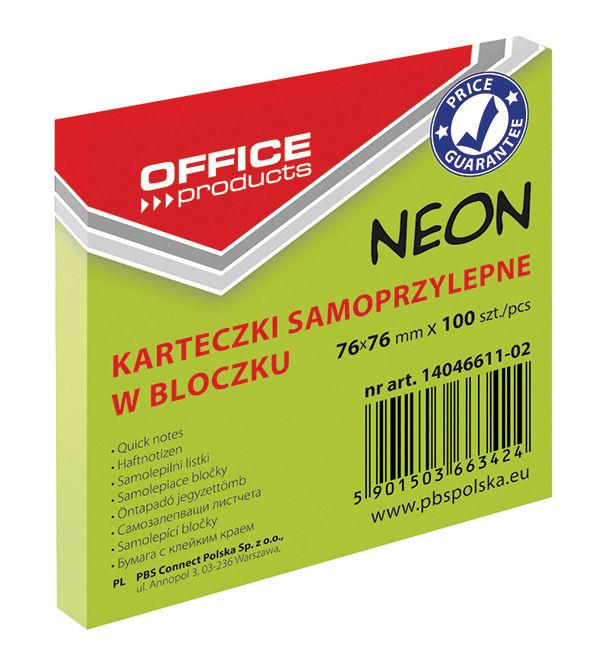 Bloczek Samoprzylepny 76x76 Zielony Neon /Office Products