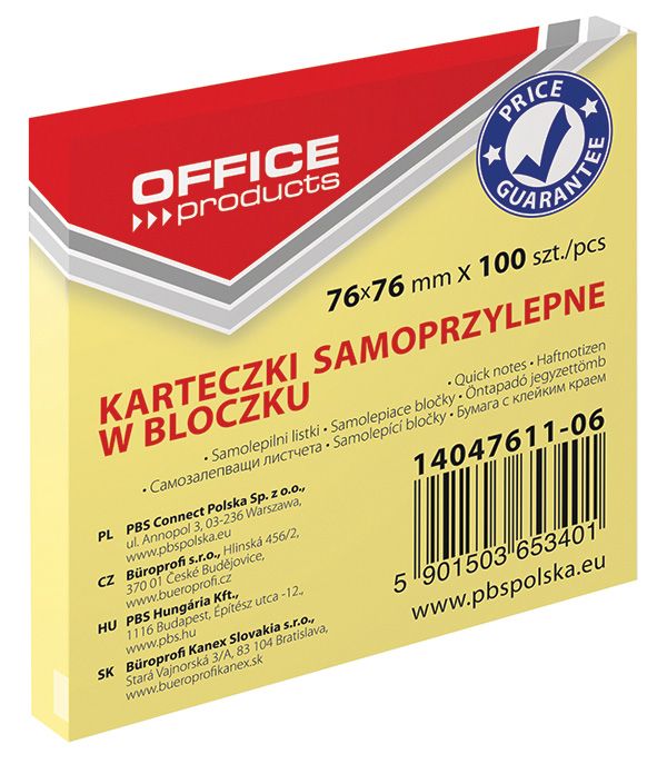 Bloczek Samoprzylepny 76x76 Żółty /Office Products