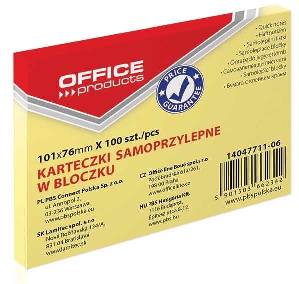 Bloczek Samoprzylepny Office Products 101X76mm 1X100 Kart. Pastel Jasnożółty