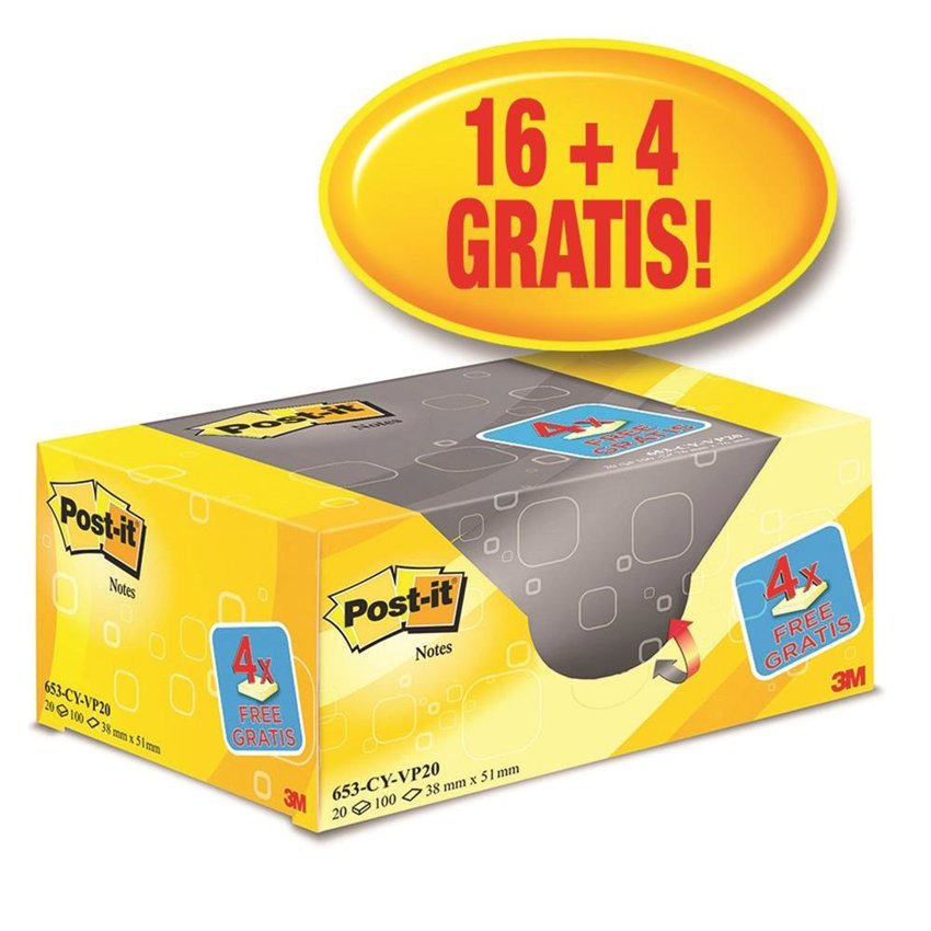 Bloczek Samoprzylepny Post-It (653Cy-Vp20) 38X51Mm 20X100 Kart. Żółte 4 Bloczki Gratis