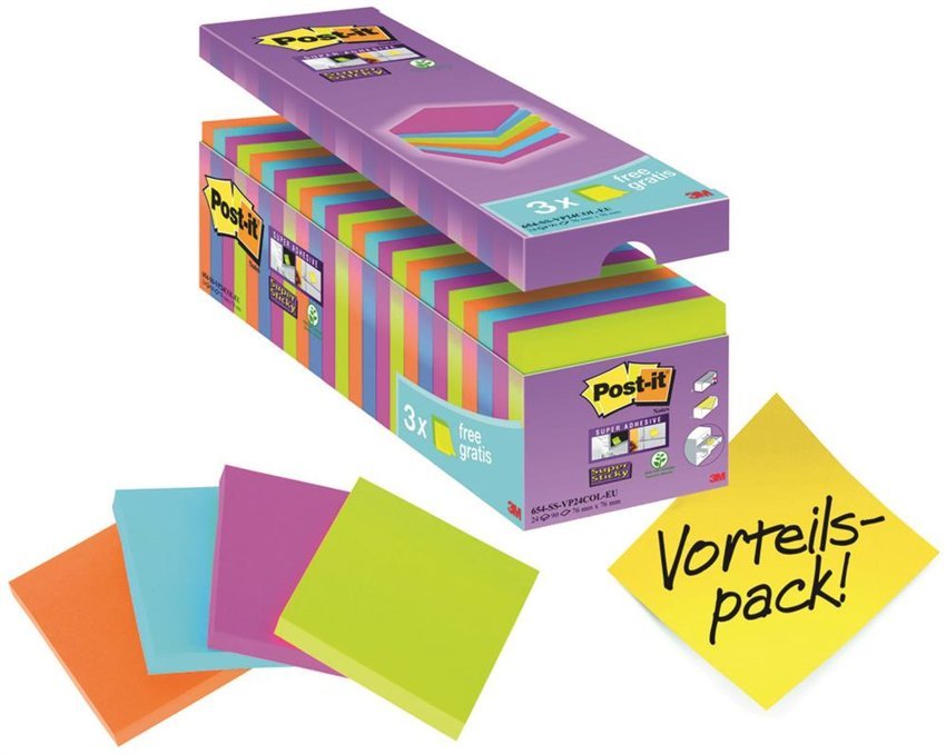 Bloczki Samoprzylepne Post-It Super Sticky (654-Ss-Vp24Col) 76X76Mm 24X90 Kart. Mix Kolorów 3 Bloczki Gratis