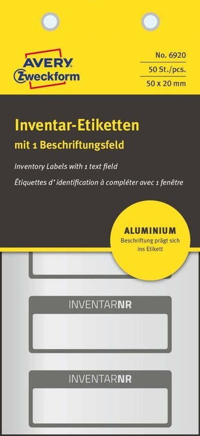 Etykiety Inwentaryzacyjne Aluminiowe Avery 50x20 10/A4 A'5 Srebrno-Czarne No.6920