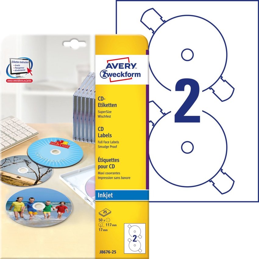 Etykiety Samoprzylepne na CD SuperSize Avery 2/A4 A'25 Białe Powlekane No.J8676-25