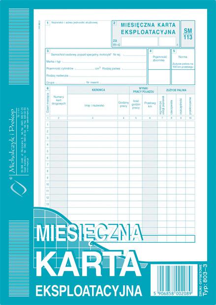 Miesięczna Karta Eksploatacyjna Sm/113 A5 Offset 803-3 /MiP