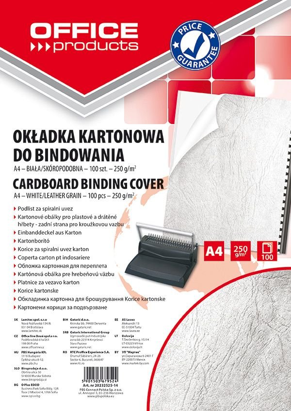 Okładki Do Bindowania Office Products Karton A4 250Gsm Skóropodobne 100Szt. Białe