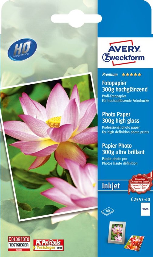 Papier Fotograficzny Premium 300g 40szt. Avery 100x150 Biały Wysokobłyszczący No.C2553-40