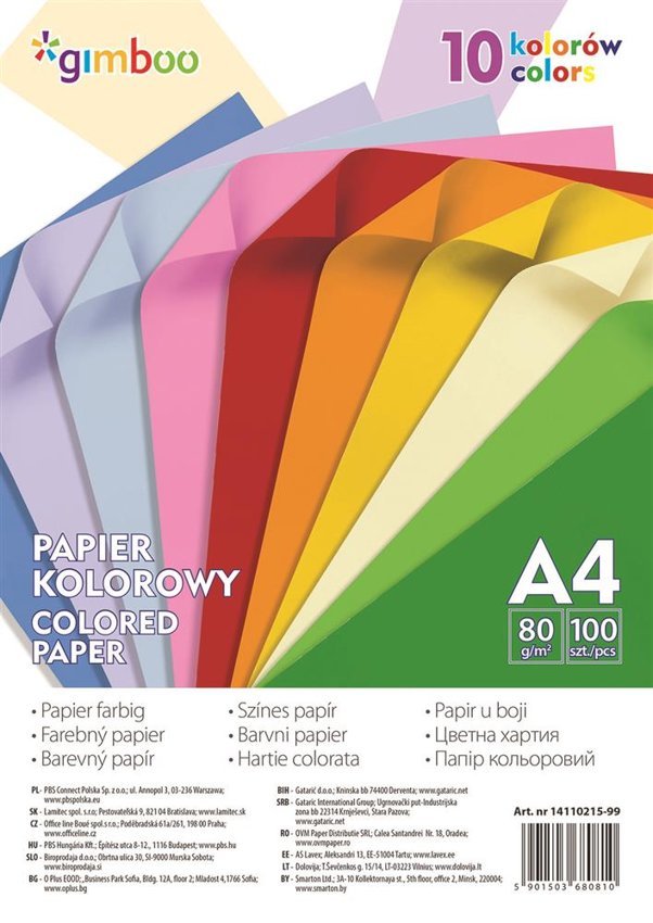 Papier Kolorowy Gimboo A4 100 Arkuszy 80Gsm 10 Kolorów Neonowych