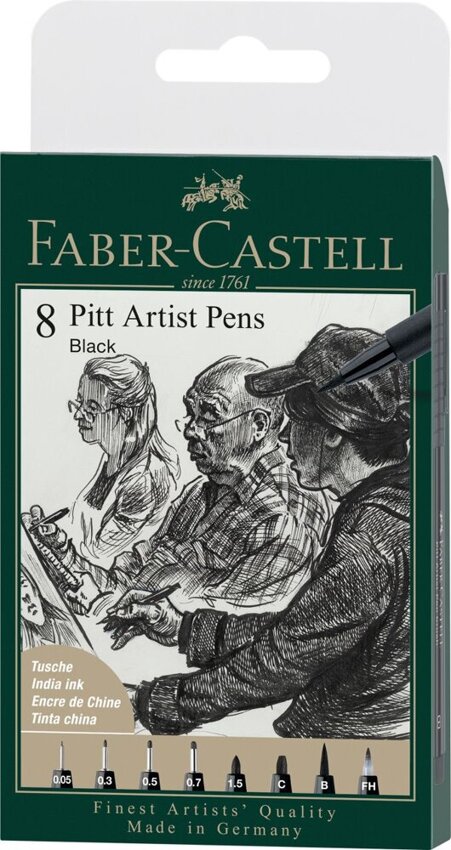 Pitt Artist Pen Black Końcówki Xxs, S, F, M, B, C, 1.5, Fh 8 Szt. Etui Faber-Castell