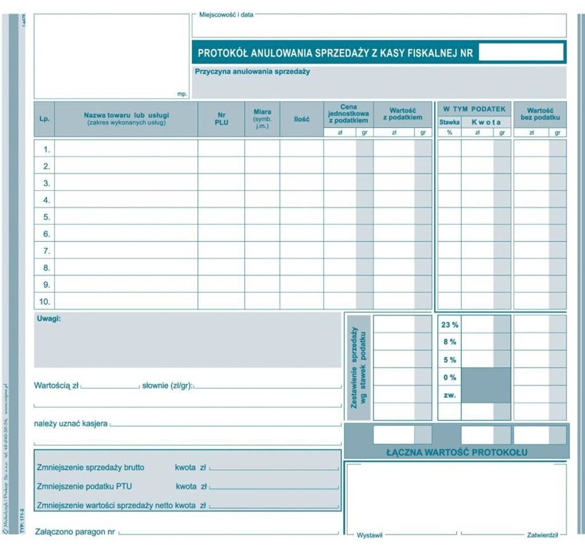 Protokół Anulowania Sprzed. z Kasy Fisk. 2/3 A4 Offset 171-2 /MiP N