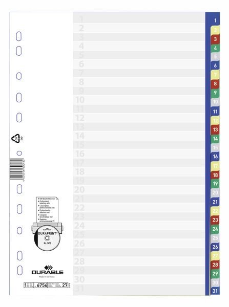 Przekładki do Segregatorów 1-31 PP A4 Mix Kolorów /Durable 675627