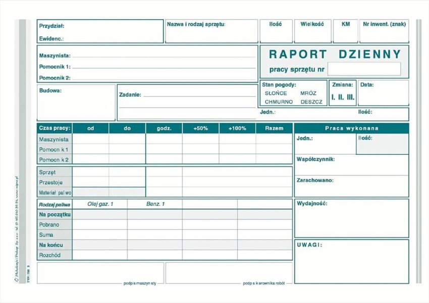 Raport Dzienny Pracy Sprzętu A5 Offset 790-3 /MiP