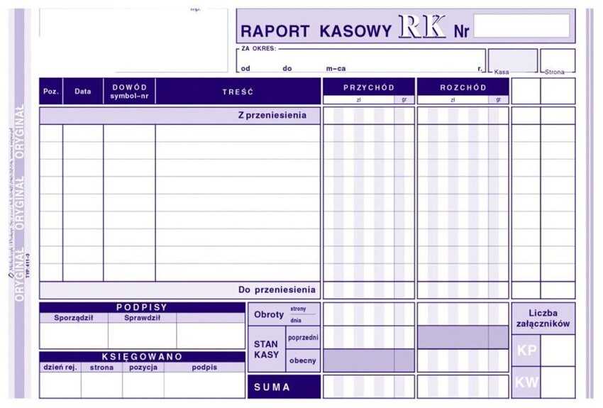 Raport Kasowy RK A5 Oryg.+1k Poziom 411-3 /MiP