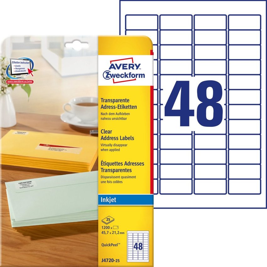 Samoprzylepne etykiety adresowe Avery 45.7x21.2 48/A4 A'25 przezroczyste No.J4720-25
