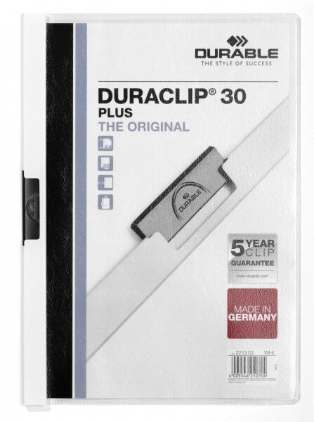 Skoroszyt z Klipem A4 PVC Duraclip Plus 30 Kartek Biały /Durable 221302